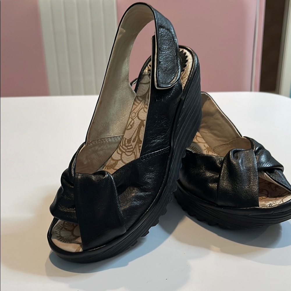 Fly London Black Wedge Sandals